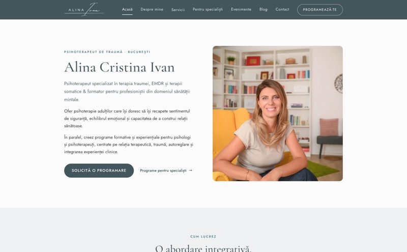 Site Alina Ivan - cabinet de psihoterapia traumei din București, paletă calmă și fotografie reală