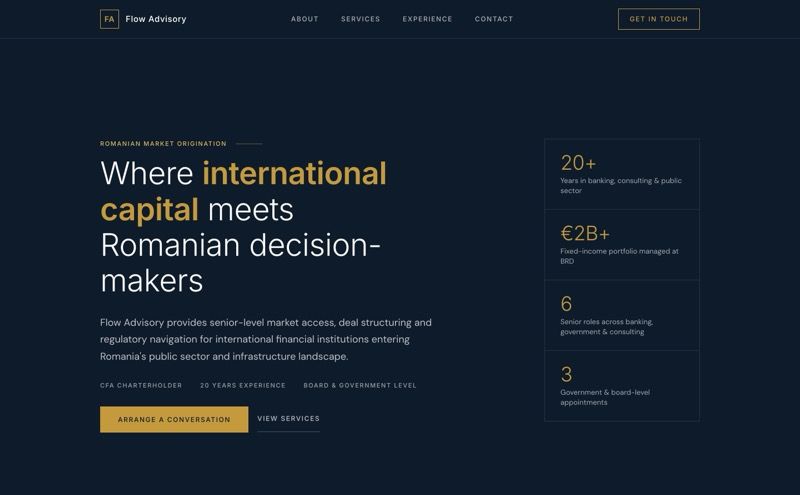 Site Flow Advisory — consultanță financiară cu stil editorial dark și accente aurii
