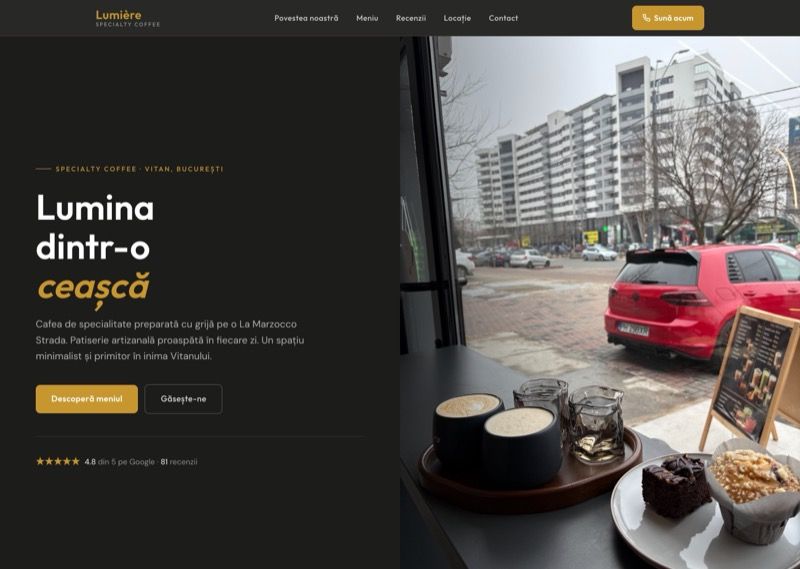 Site Lumière Coffee — cafenea cu tonuri calde și fotografie de interior reală