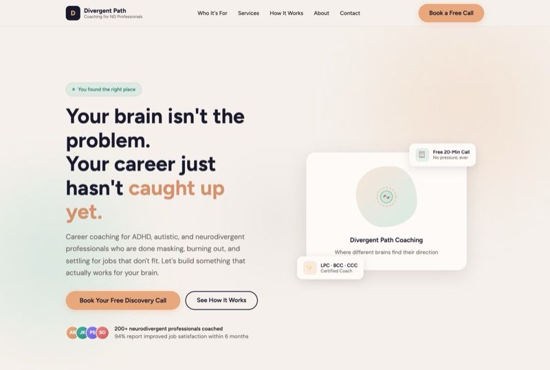 Site ND Career Coaching — coaching cu tonuri calde de piersică și salvie